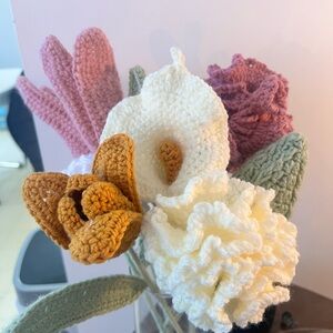 Handcrafted Crochet Flower Bouquet - Cream, Pink, Green, and Gold